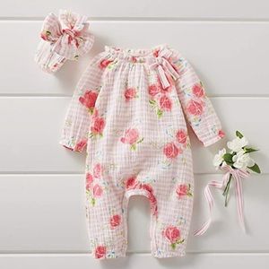 Mud Pie Baby Girl’s Stripe Rose Bodysuit and HeadBand Size 0-3 Months